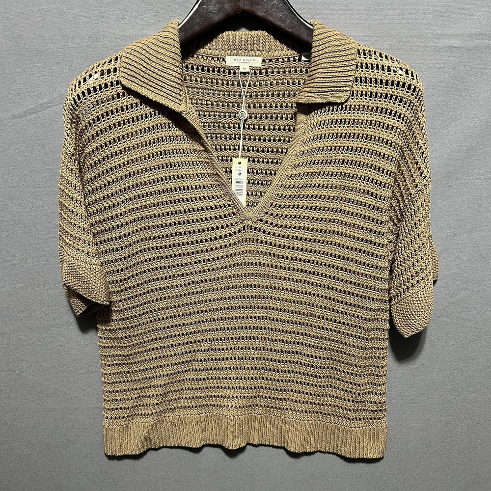 Max Studio Sweater Womens Medium Brown Open Knit Short Sleeve V Neck Collared